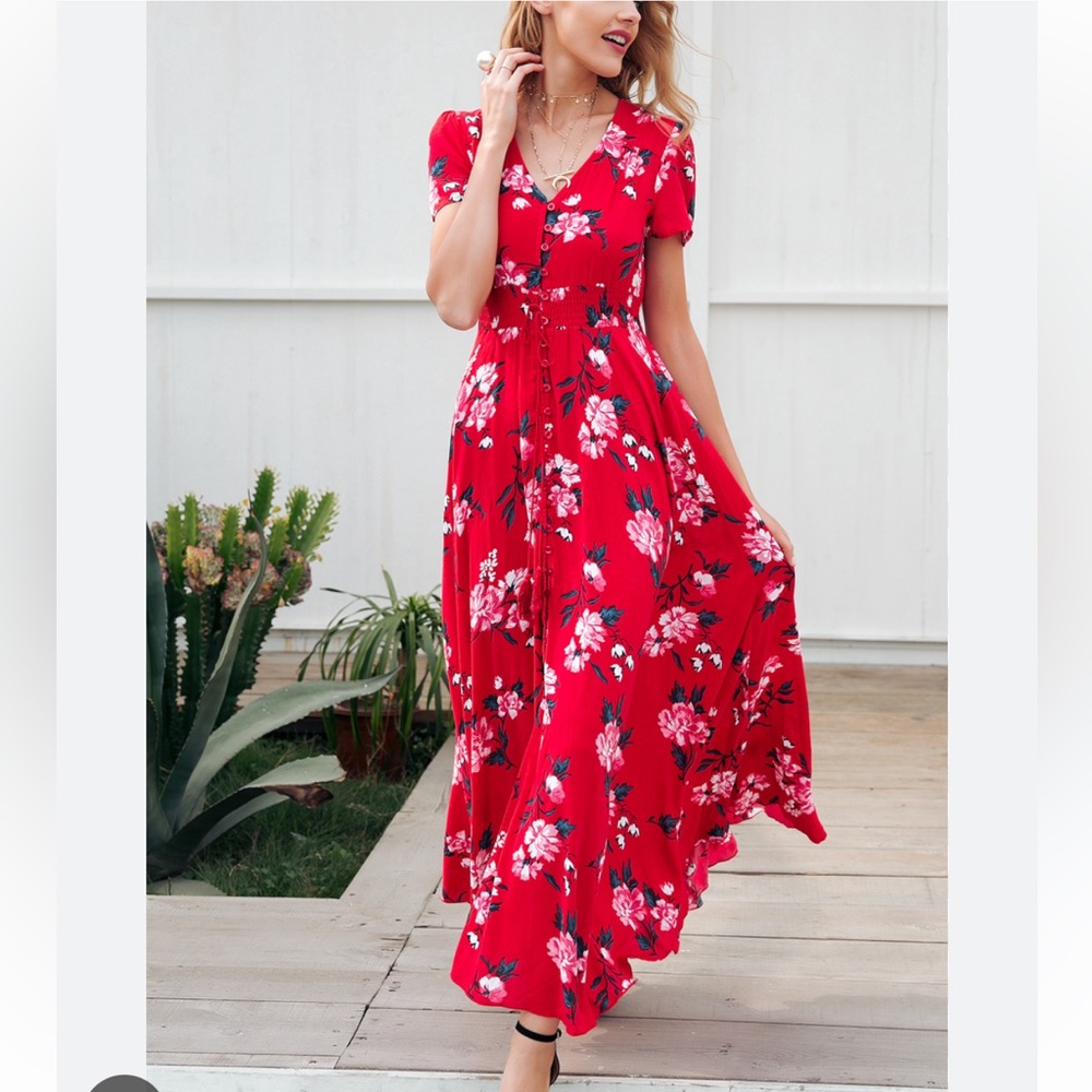 Amazon Brand - Red Floral Maxi Dress